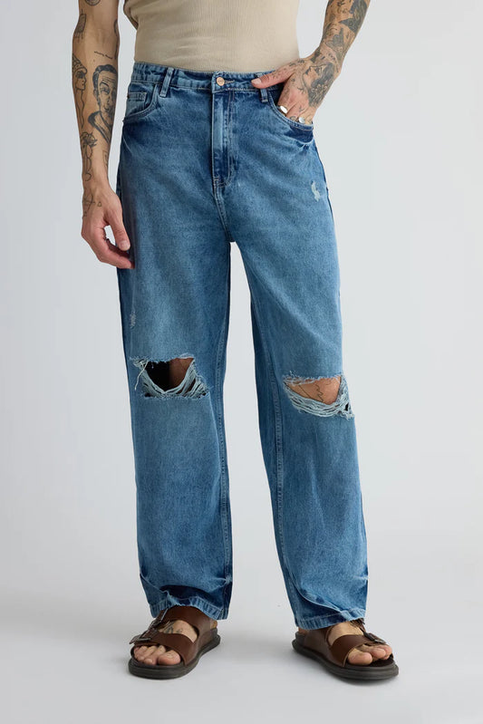 Mid Blue Distressed Straight Leg Jeans for Men with Classic and Contemporary Style
