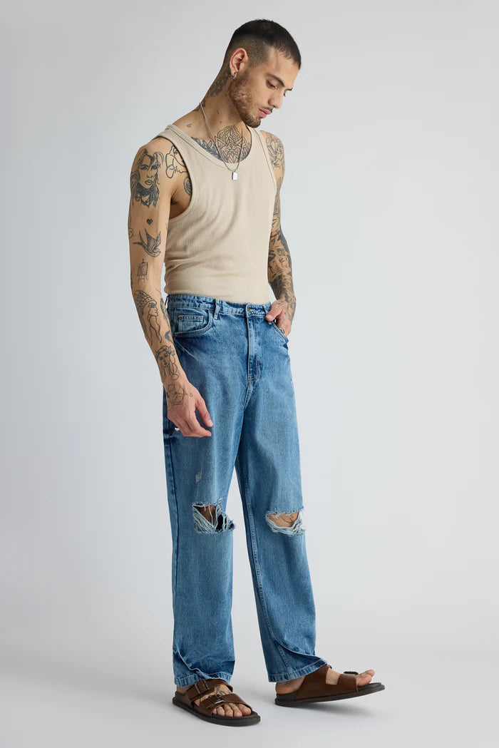 Mid Blue Distressed Straight Leg Jeans for Men with Classic and Contemporary Style