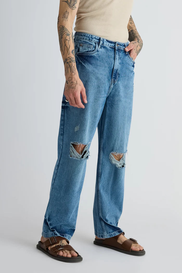 Mid Blue Distressed Straight Leg Jeans for Men with Classic and Contemporary Style