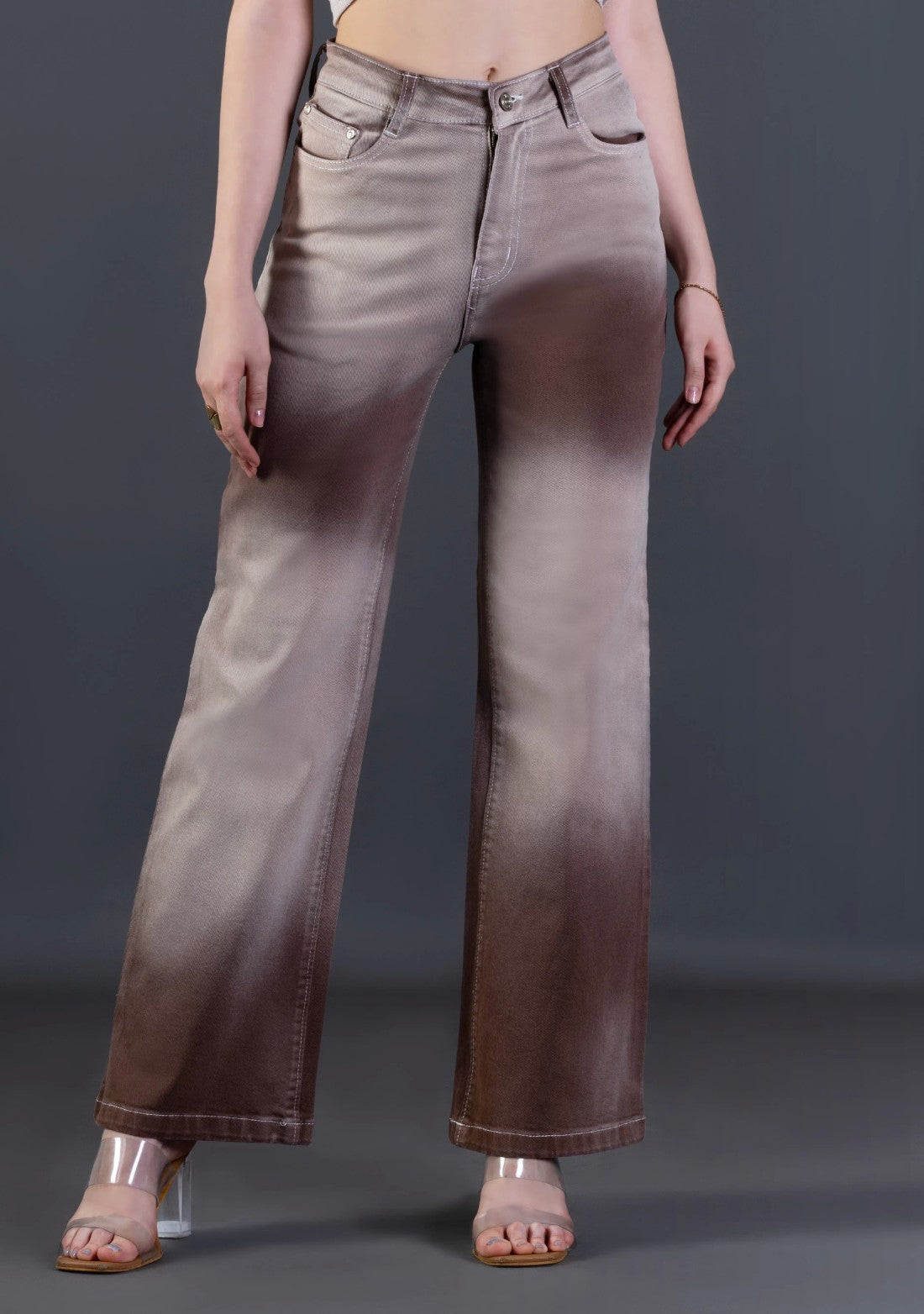 Chic Women’s Light Brown Ombre Wide Leg Denim Pants with Trendy Fit