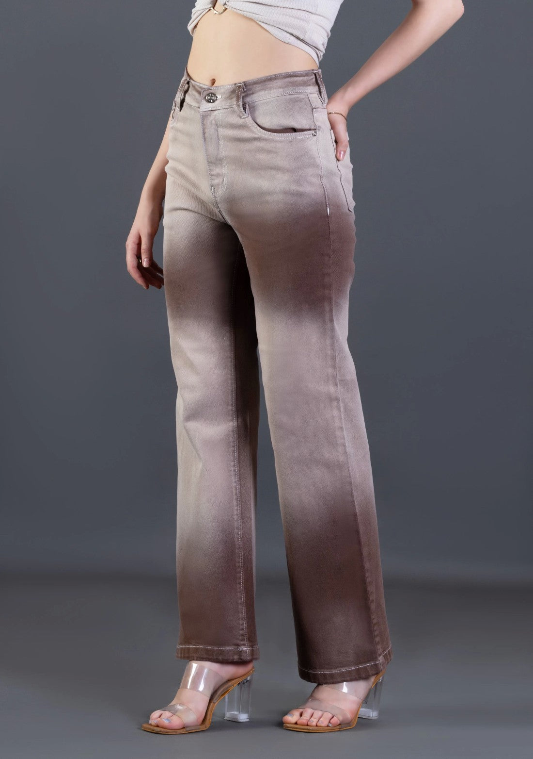 Chic Women’s Light Brown Ombre Wide Leg Denim Pants with Trendy Fit