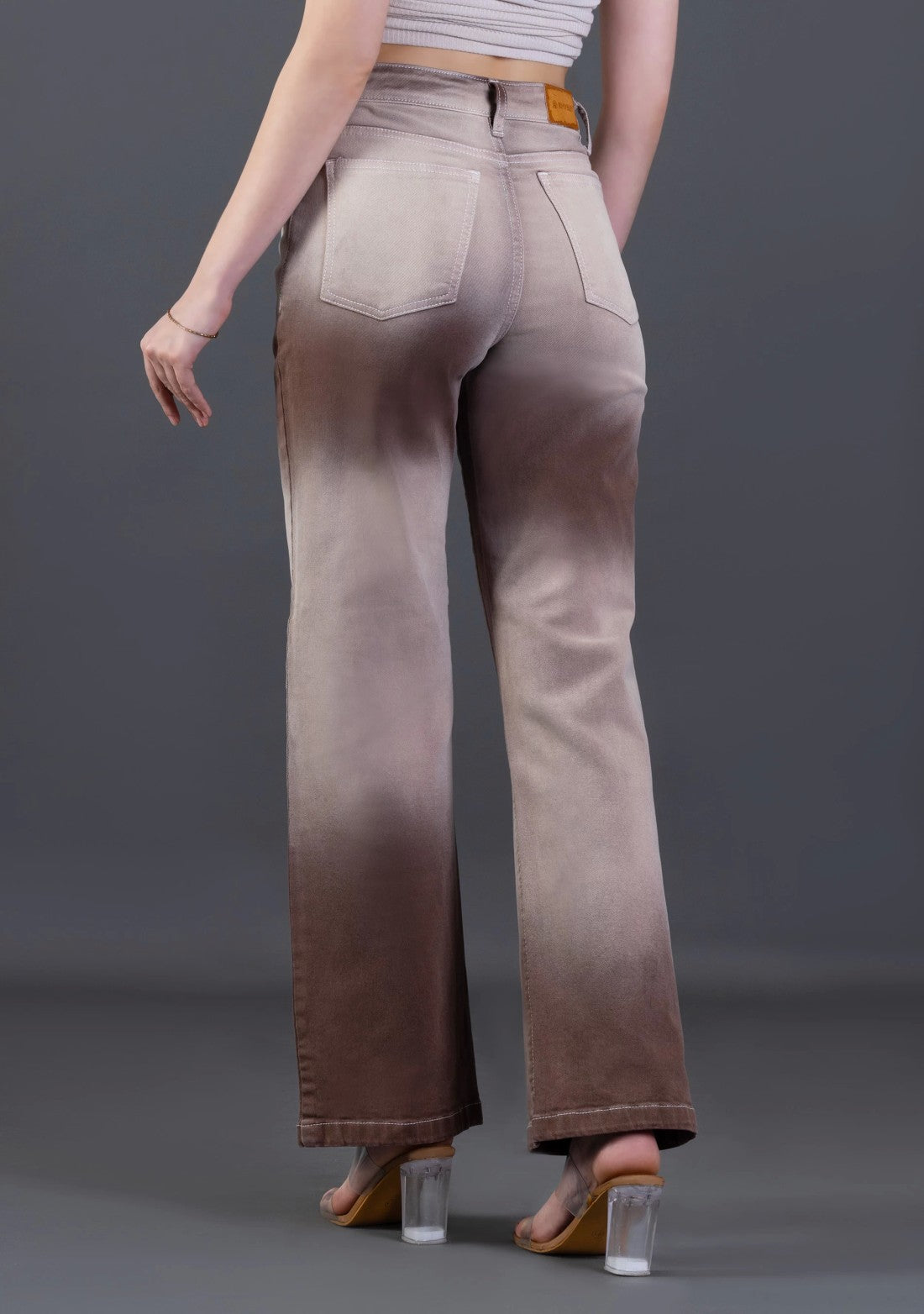 Chic Women’s Light Brown Ombre Wide Leg Denim Pants with Trendy Fit