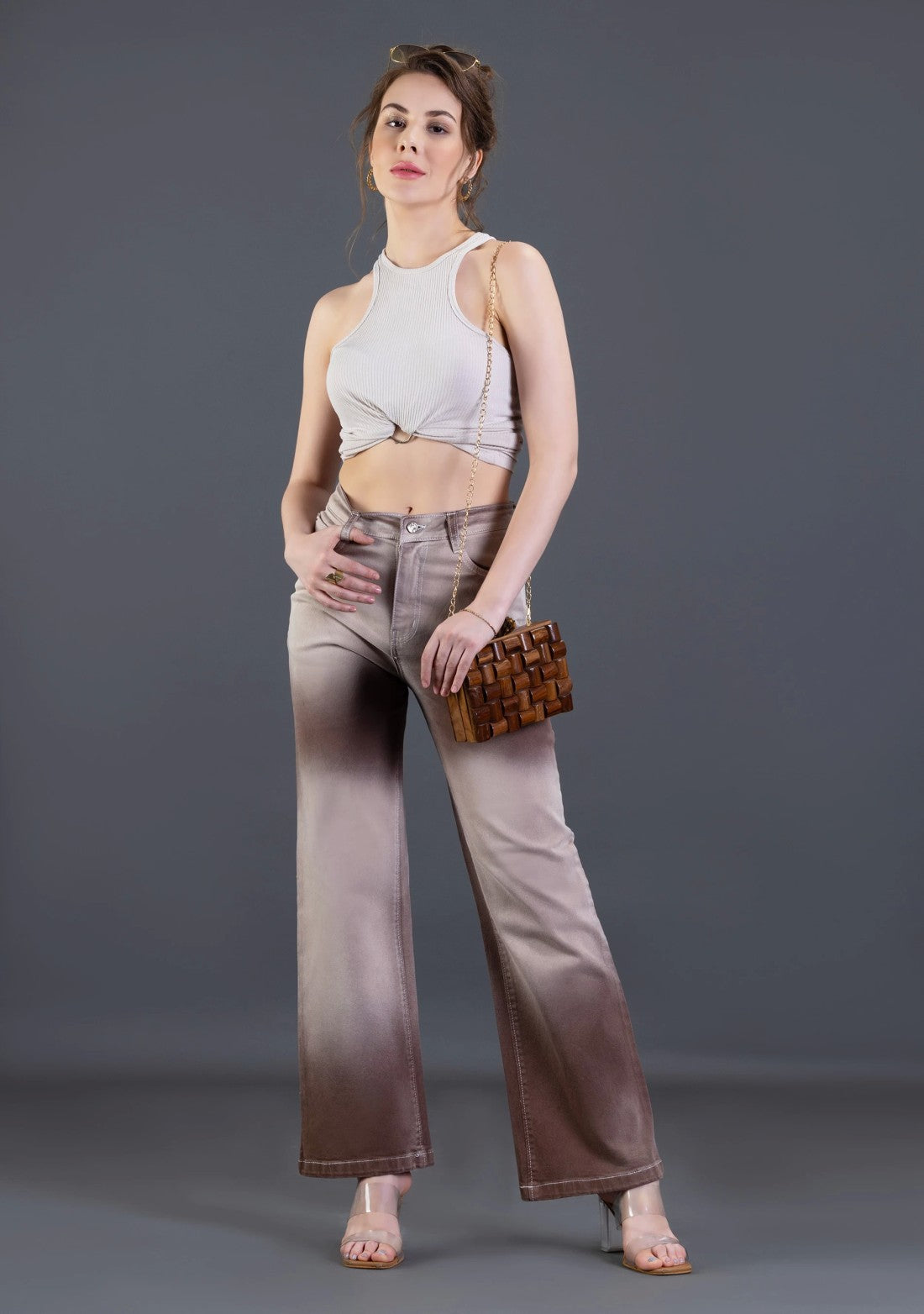 Chic Women’s Light Brown Ombre Wide Leg Denim Pants with Trendy Fit