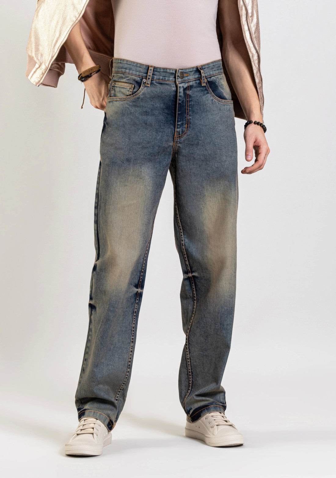 Blue Tinted Relaxed Straight Fit Jeans for Men with Durable Fabric and Trendy Appeal