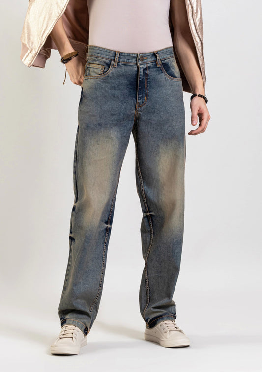 Blue Tinted Relaxed Straight Fit Jeans for Men with Durable Fabric and Trendy Appeal