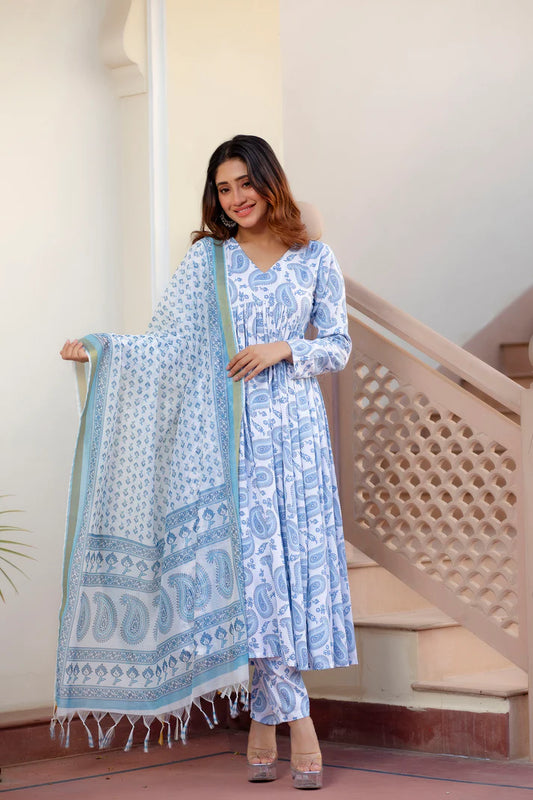 Women Designer Block Printed Kurta Dupatta Ensemble