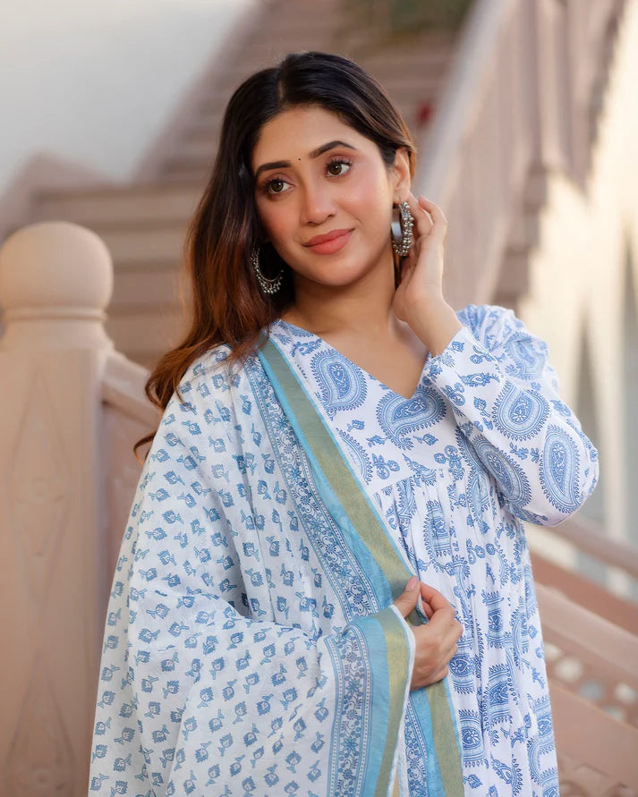 Women Designer Block Printed Kurta Dupatta Ensemble