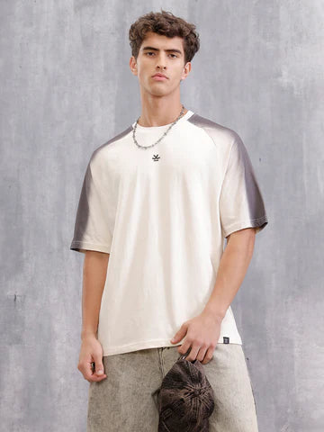 Oversized Beige Pure Cotton T-Shirt for Men with Placement Wash Detail – Modern Streetwear Inspired Casual Graphic Top