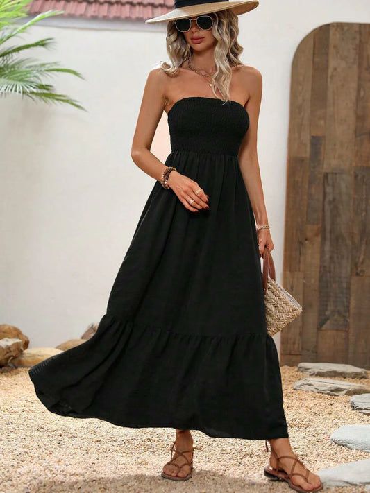 Women Black Solid Strapless Smocked A-Line Maxi Dress