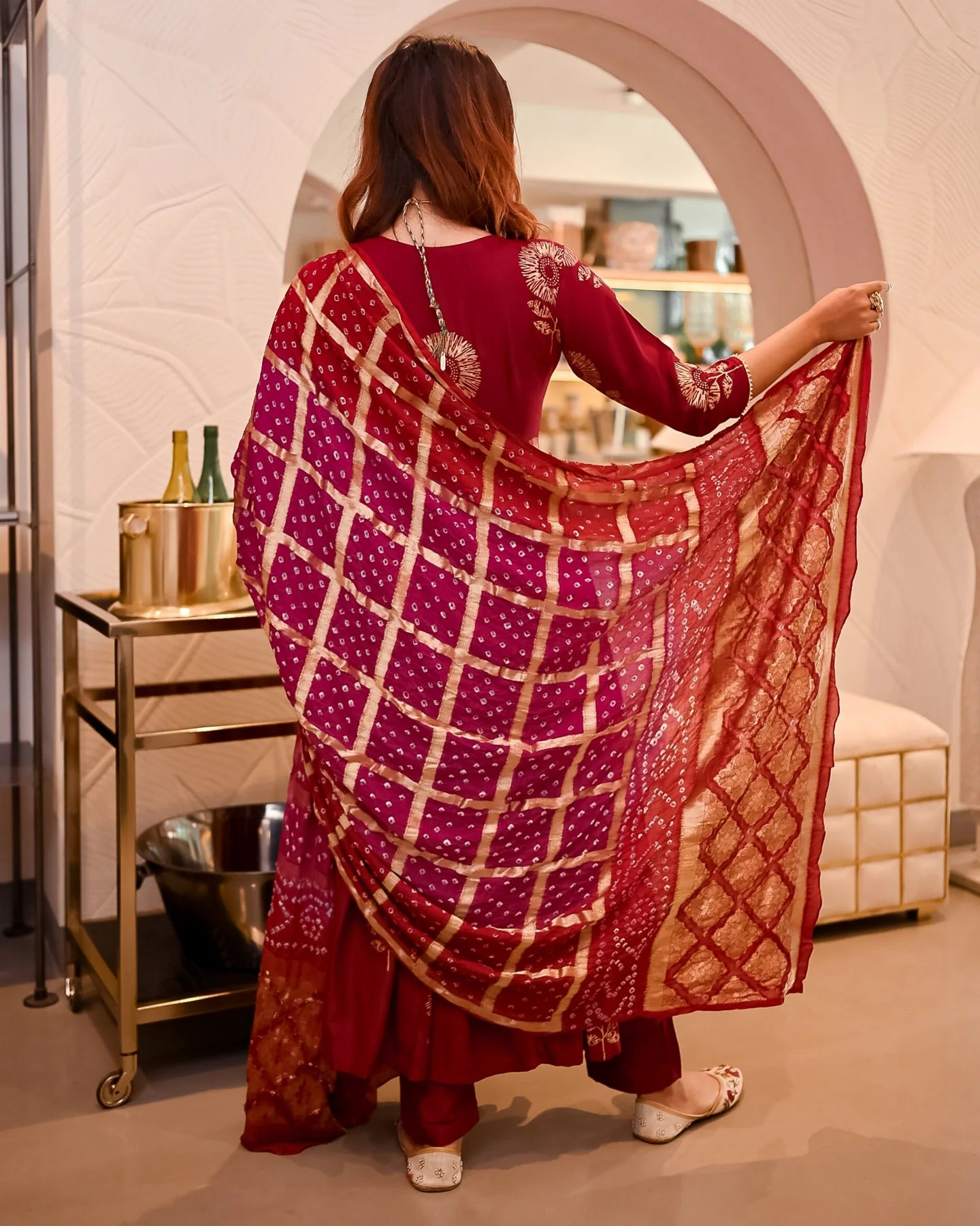 Party Ready Maroon Angrakha Bandhej Suit Set with Matching Dupatta