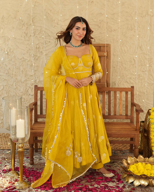 Traditional Nikhaar Mustard Jacquard Suit Set for Women with Kurta Pants and Dupatta