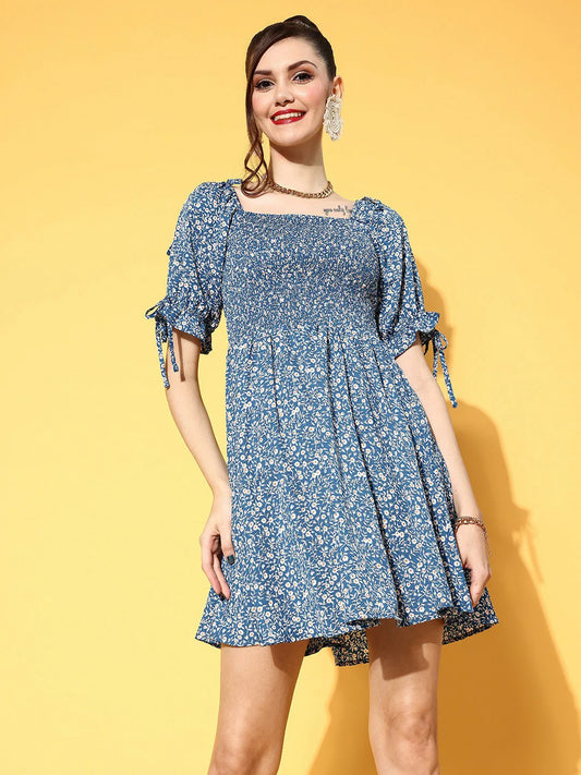 Blue & White Floral Printed Square Neck Smocked Back Crepe A-Line Mini Dress