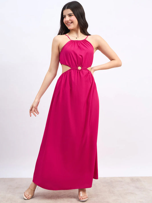 Women’s Solid Pink Halter Neck Maxi Dress with Sleeveless Design, Back Tie-Up, and Pleated Fit & Flare Silhouette