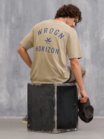 Khaki Oversized Pure Cotton T-Shirt for Men with Washed Effect and Printed Design – Relaxed Streetwear Casual Top