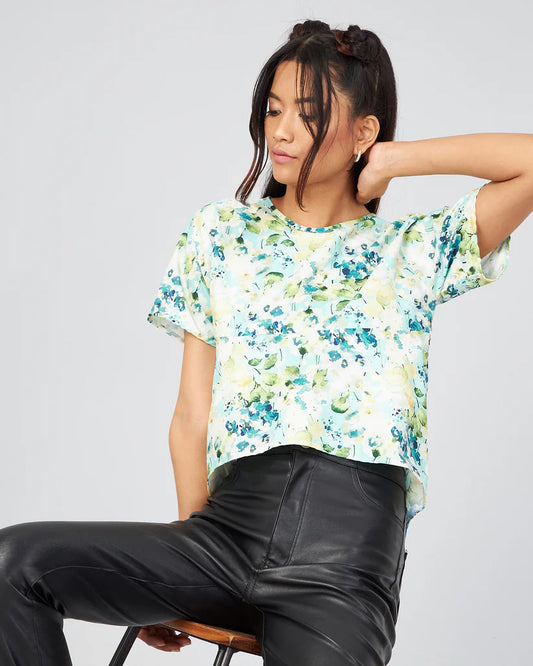 Lightweight Sky Blue Top with Floral Print and Open Back for Women