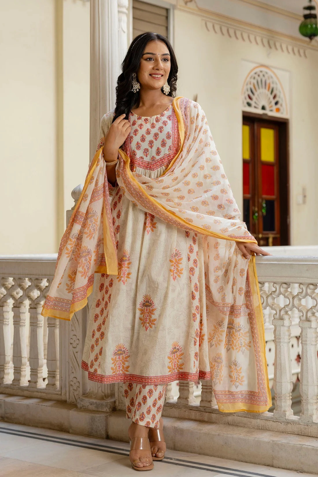 Women Designer White Yellow Anarkali Suit Set with Ethnic Motif Patterns and Dupatta