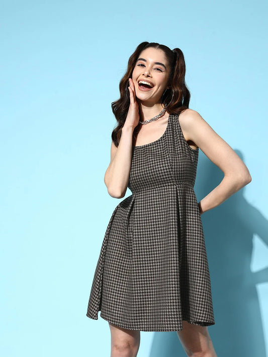 Brown & Black Checked Pattern Round Neck Sleeveless Cotton Flared A-Line Mini Dress