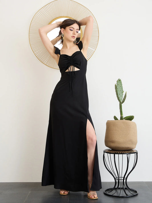 Black Sweetheart Neck Sleeveless Front Tie-Up Cutout Thigh-High Slit Straight Hem Maxi Dress