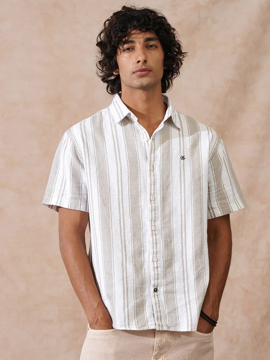 Stylish Khaki Shirt for Men in Comfort Fit Featuring Textured Stripes