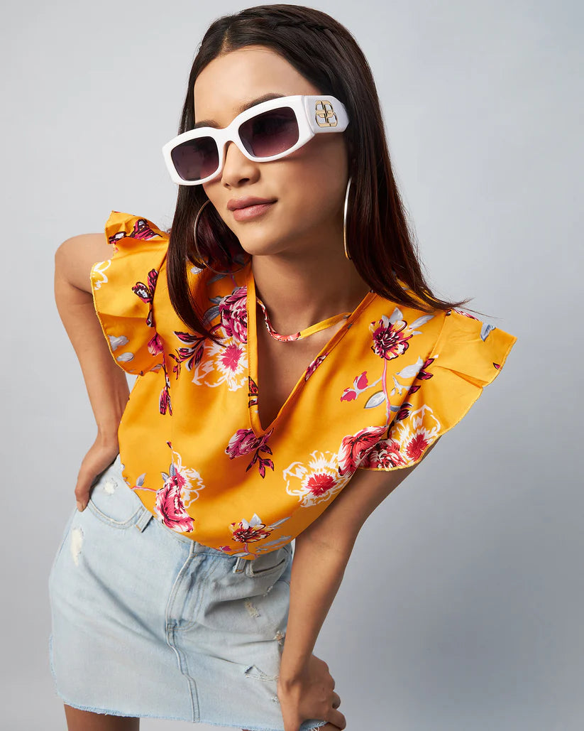 Women’s Yellow Crepe Top with Floral Print and Ruffled Design