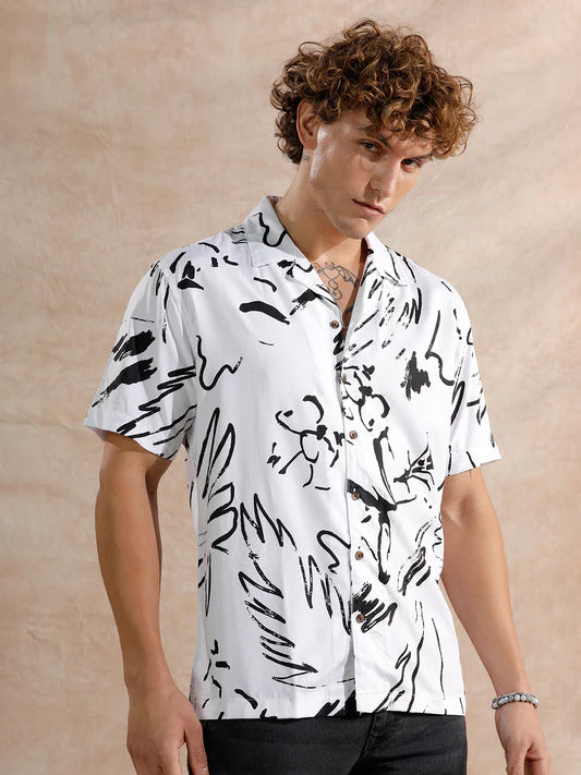 Lightweight White Viscose Shirt for Men with Fluid All-Over Print
