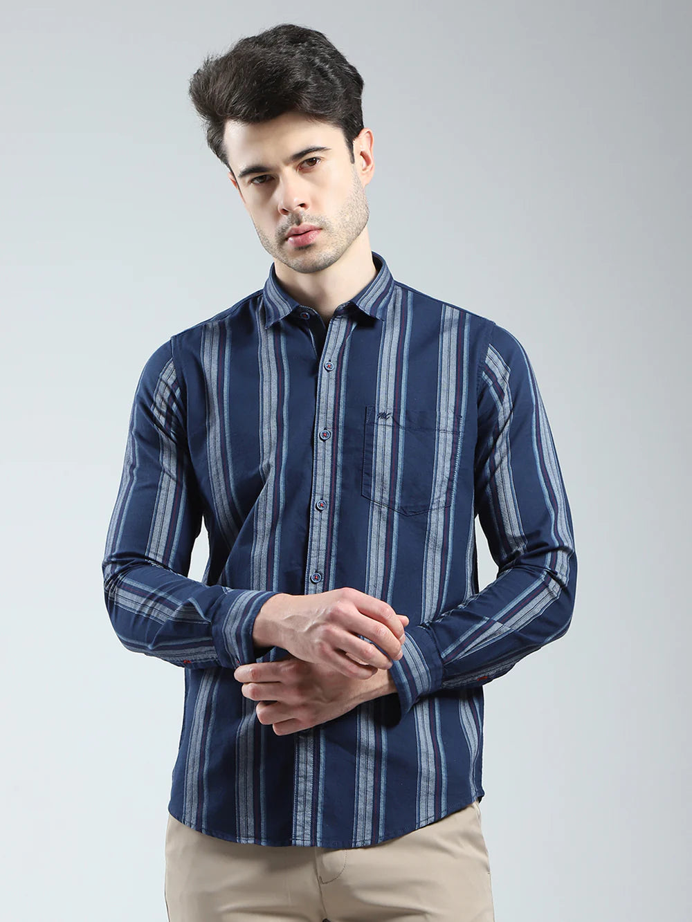 Fashionable Men’s Navy Blue Full Sleeve Shirt with Stripe Collar for Office and Casual Wear