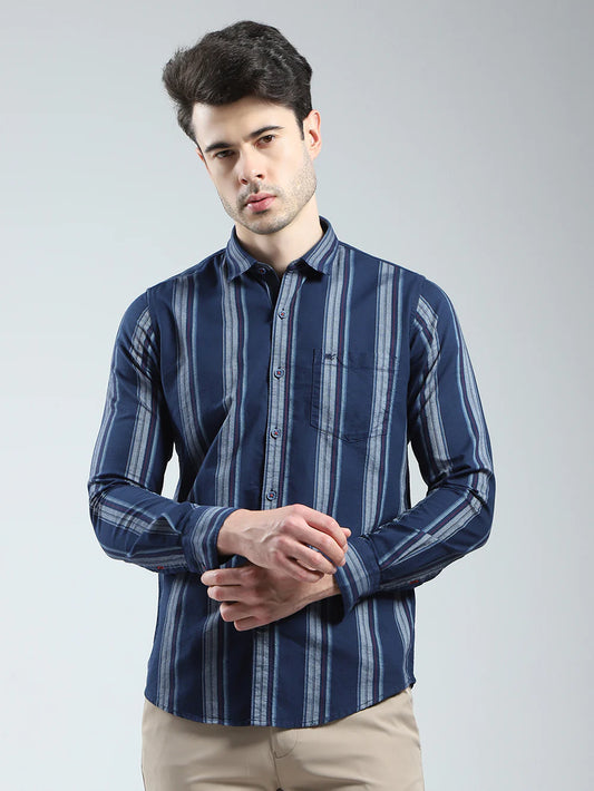 Fashionable Men’s Navy Blue Full Sleeve Shirt with Stripe Collar for Office and Casual Wear