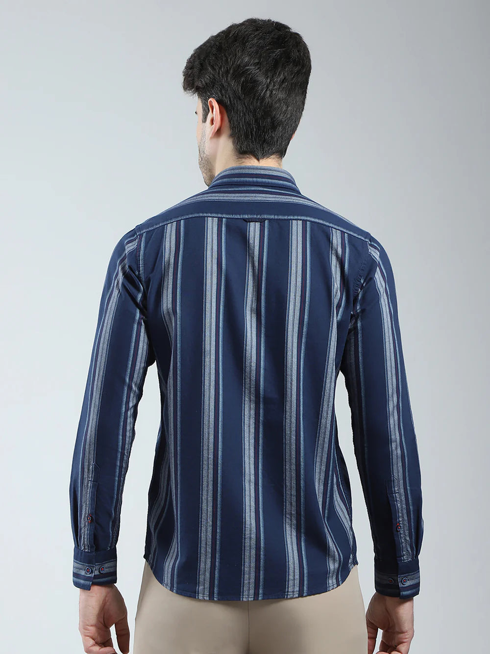 Fashionable Men’s Navy Blue Full Sleeve Shirt with Stripe Collar for Office and Casual Wear