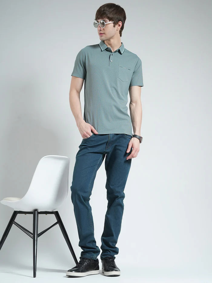 Solid Green Men’s Half Sleeve Collar T-Shirt – Comfortable Cotton Blend Polo Neck Top for Daily and Weekend Wear
