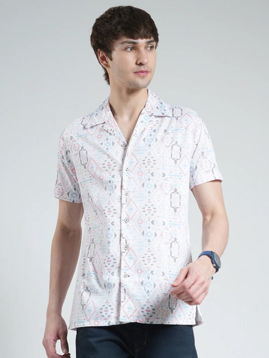Fashionable Men’s Shirt in White with Half Sleeves and Printed Collar Accent