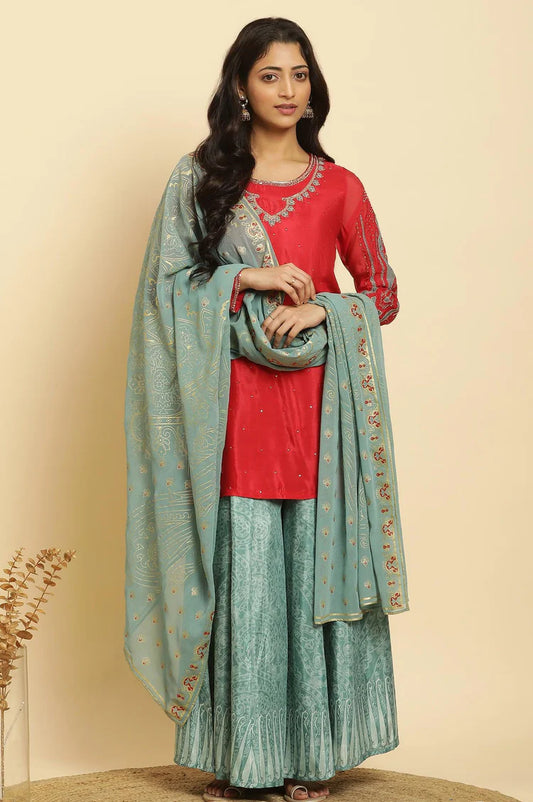 Designer Red Embellished Kurta Sharara Dupatta Set – Elegant Festive Outfit for Weddings, Parties & Celebrations