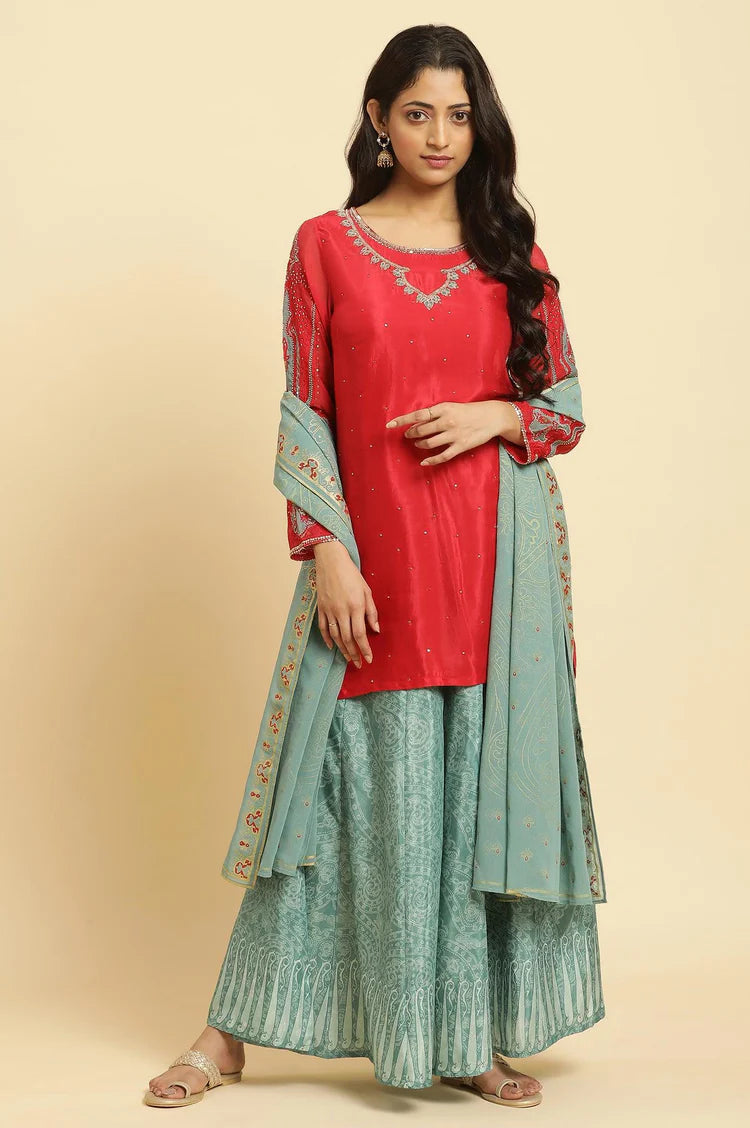 Designer Red Embellished Kurta Sharara Dupatta Set – Elegant Festive Outfit for Weddings, Parties & Celebrations