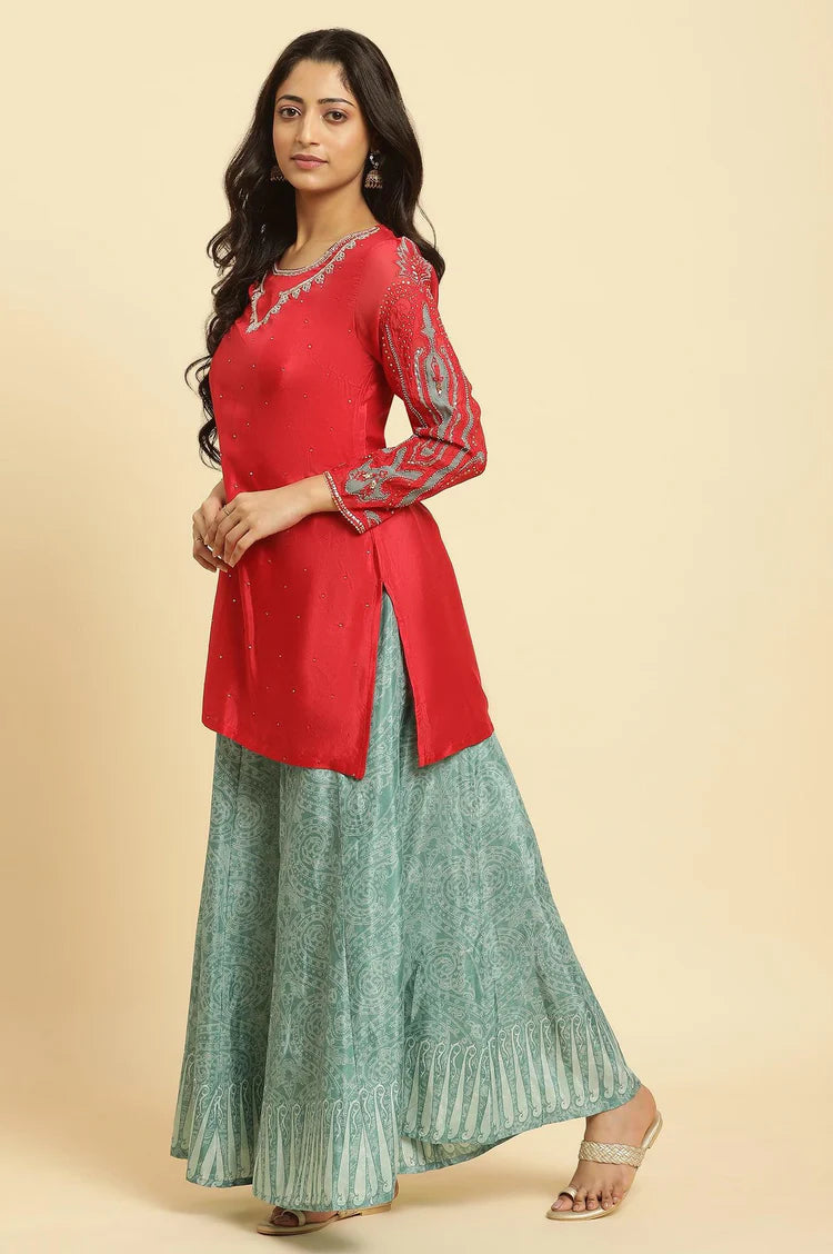 Designer Red Embellished Kurta Sharara Dupatta Set – Elegant Festive Outfit for Weddings, Parties & Celebrations