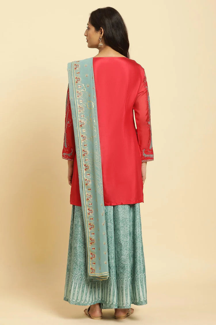 Designer Red Embellished Kurta Sharara Dupatta Set – Elegant Festive Outfit for Weddings, Parties & Celebrations