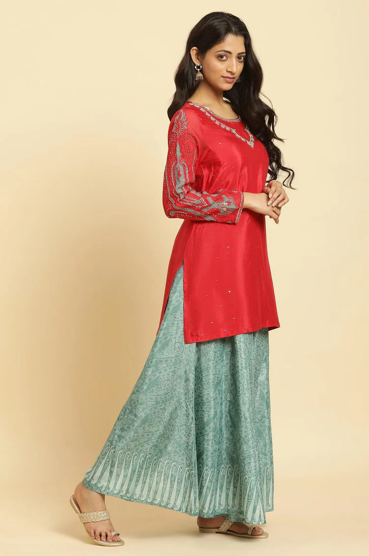 Designer Red Embellished Kurta Sharara Dupatta Set – Elegant Festive Outfit for Weddings, Parties & Celebrations