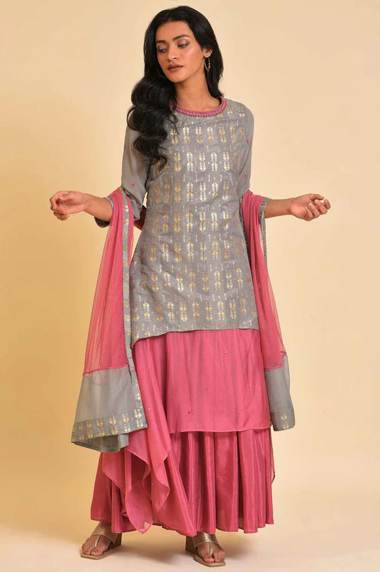 Graceful Grey and Pink Asymmetric Layered Dress Dupatta Set – Stylish Traditional Meets Contemporary Outfit for Celebrations