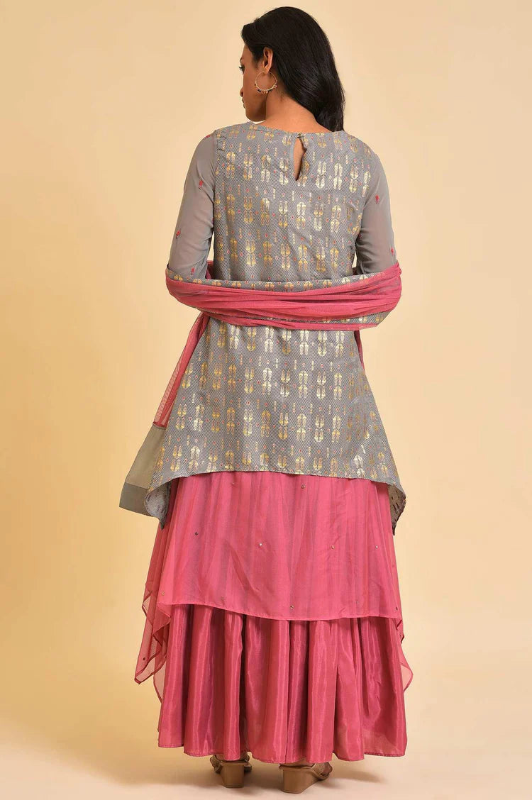 Graceful Grey and Pink Asymmetric Layered Dress Dupatta Set – Stylish Traditional Meets Contemporary Outfit for Celebrations