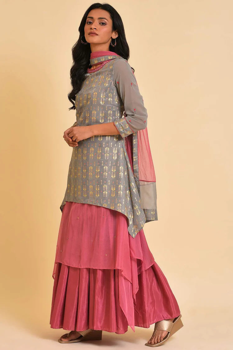 Graceful Grey and Pink Asymmetric Layered Dress Dupatta Set – Stylish Traditional Meets Contemporary Outfit for Celebrations