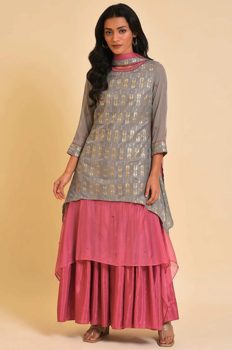 Graceful Grey and Pink Asymmetric Layered Dress Dupatta Set – Stylish Traditional Meets Contemporary Outfit for Celebrations