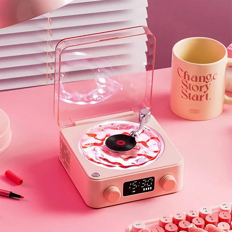 Wireless Vinyl Bluetooth Speaker with Digital Clock and Ambient Mood Lighting for Parties and Home