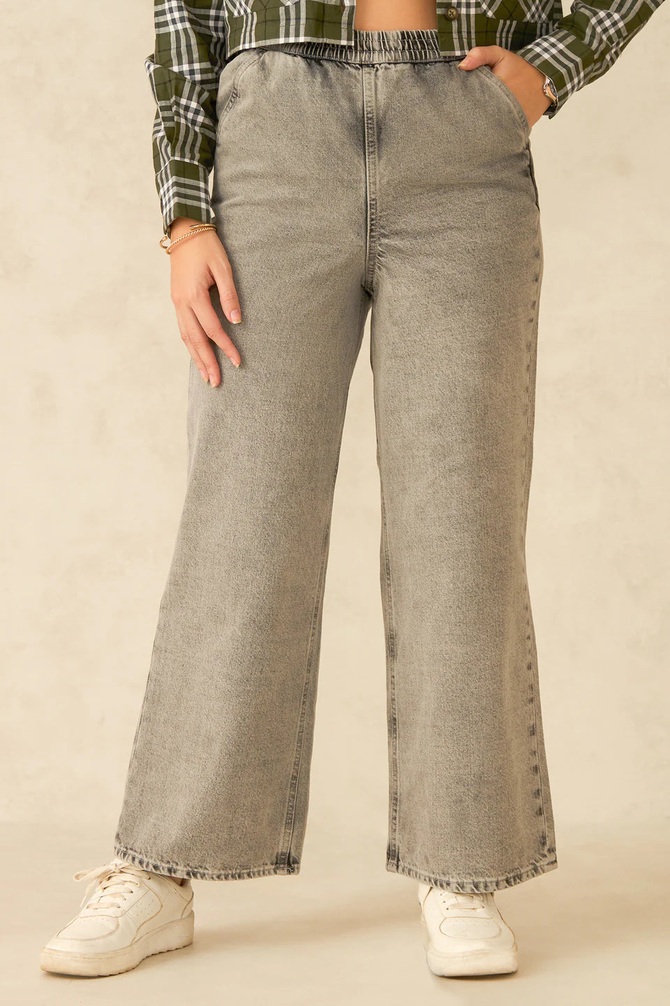 Lightweight Cotton Wide Leg Jeans with Adjustable Waist for Women