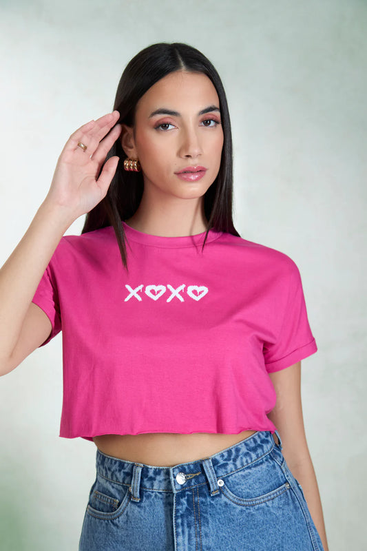 Pink Cotton Knit Boxy Crop Top with Graphic Design Casual Summer Women’s T-Shirt