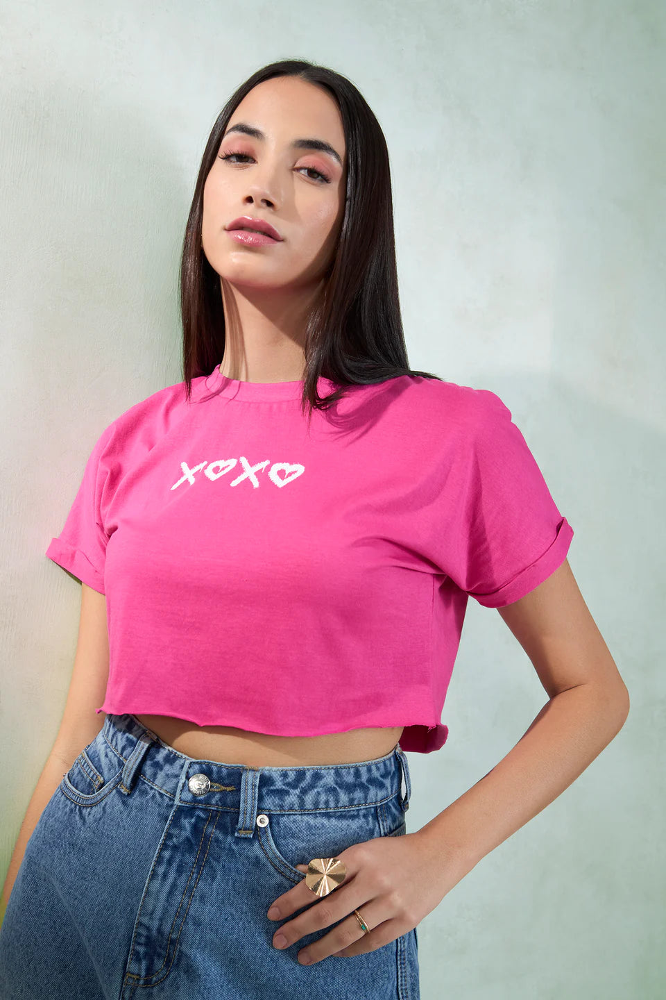 Pink Cotton Knit Boxy Crop Top with Graphic Design Casual Summer Women’s T-Shirt