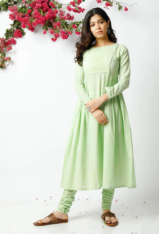 Trendy Light Green Cotton Kurta for Women in Comfortable Easy-Going Style