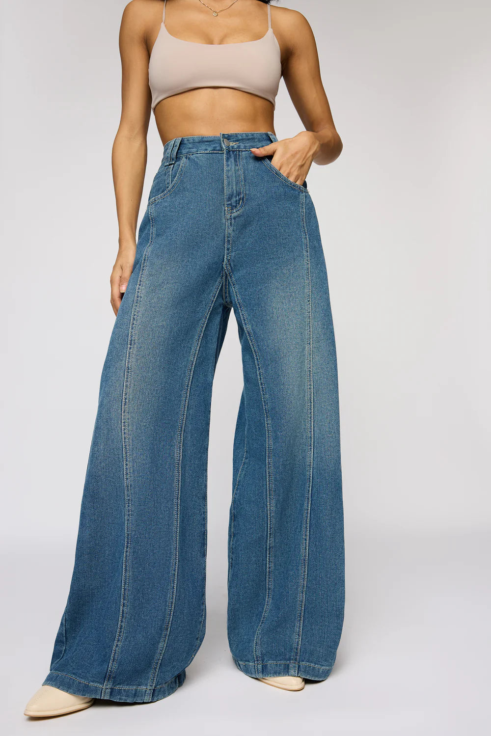 Elegant Classic Navy Flared Denim Pants for Women – Korean Streetwear Style