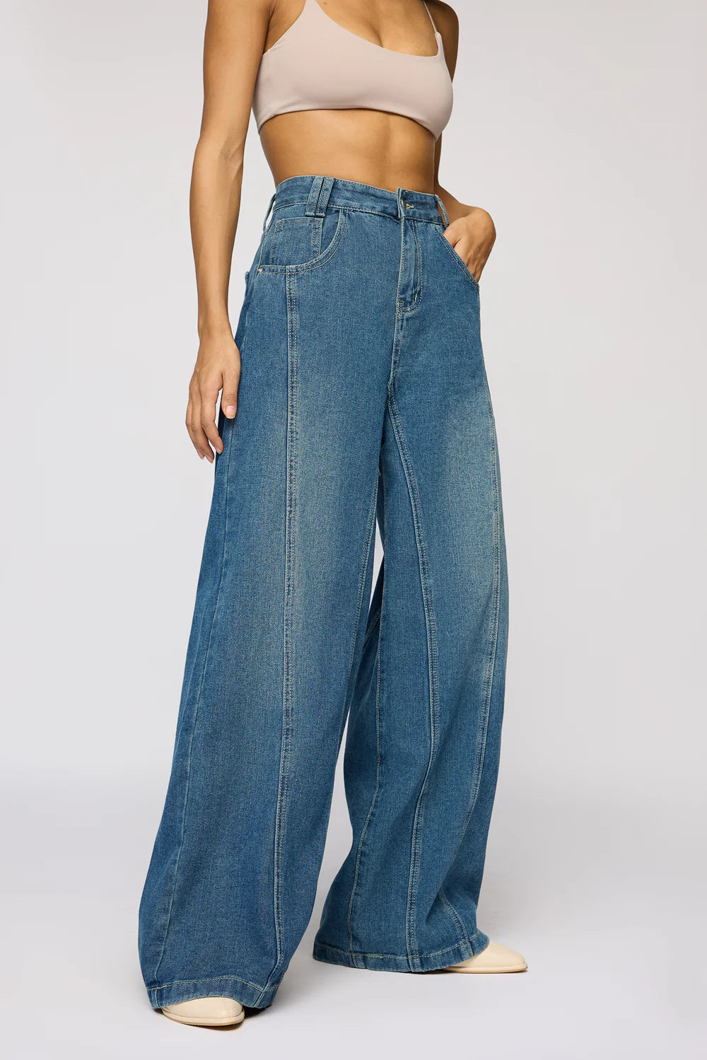Elegant Classic Navy Flared Denim Pants for Women – Korean Streetwear Style