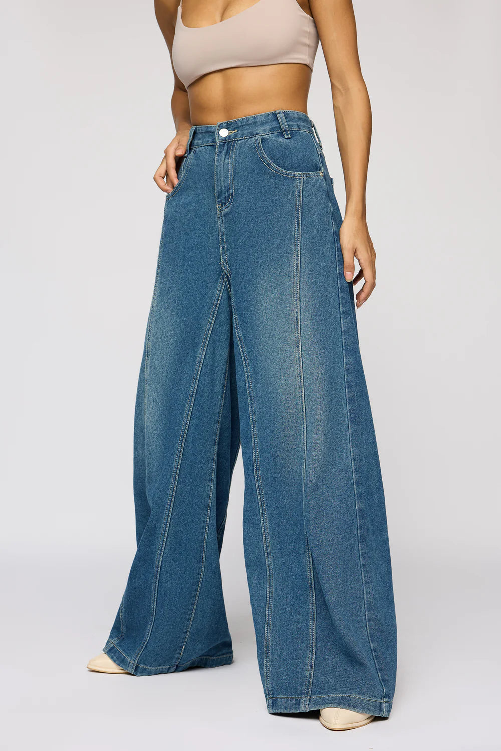 Elegant Classic Navy Flared Denim Pants for Women – Korean Streetwear Style
