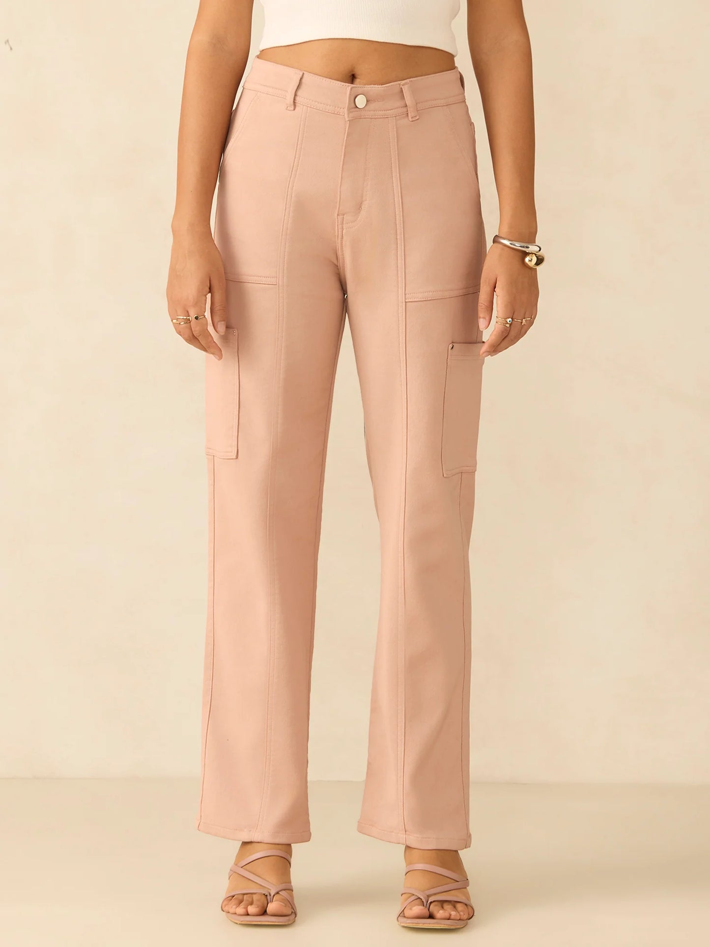 Lightweight Pink Cargo Style Denim Jeans with Straight Fit for Women