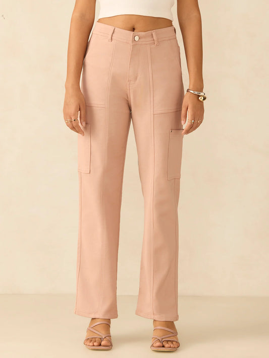 Lightweight Pink Cargo Style Denim Jeans with Straight Fit for Women