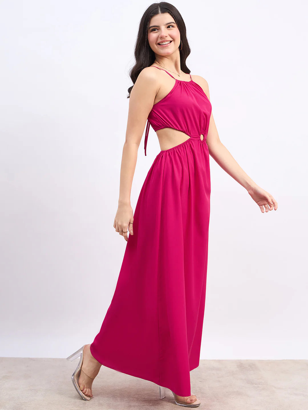 Women’s Solid Pink Halter Neck Maxi Dress with Sleeveless Design, Back Tie-Up, and Pleated Fit & Flare Silhouette